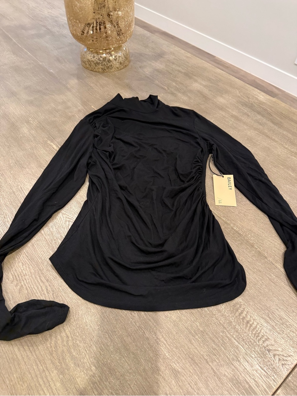 NWT! Bailey 44 Black Long-Sleeve Mock Neck Ruched Top (original $158)